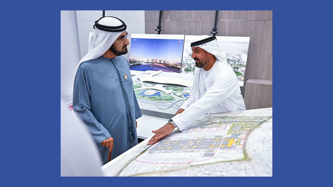 محمد بن راشد يعتمد تصاميم مبنى المسافرين الجديد في مطار آل مكتوم الدولي ويأمر بالبدء الفوري بتشييد المبنى بتكلفة 128 مليار درهم
